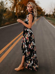 2019 Womens Summer BOHO Holiday Beach Dress Ladies Party Maxi Sleeveless Backless Vintage Split Black White Floral Printed Dress