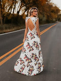 2019 Womens Summer BOHO Holiday Beach Dress Ladies Party Maxi Sleeveless Backless Vintage Split Black White Floral Printed Dress